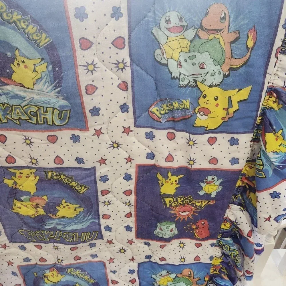 Vintage 90s Pokemon Pikachu Bedspread Comforter Blue White Multi Ruffle Twin
